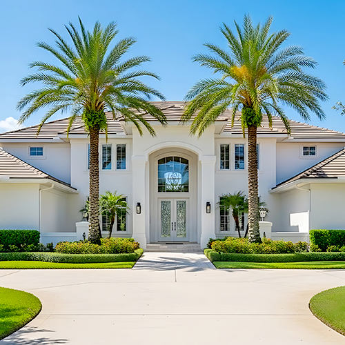 Luxury home entrance with palm trees